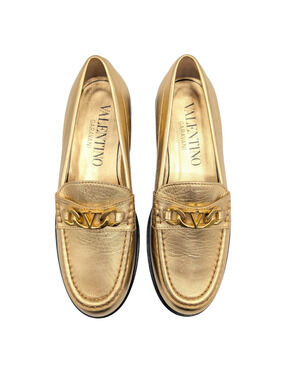 Valentino Garavani Gold Chain Metallic VLogo Slip-On Loafers Size 37.5